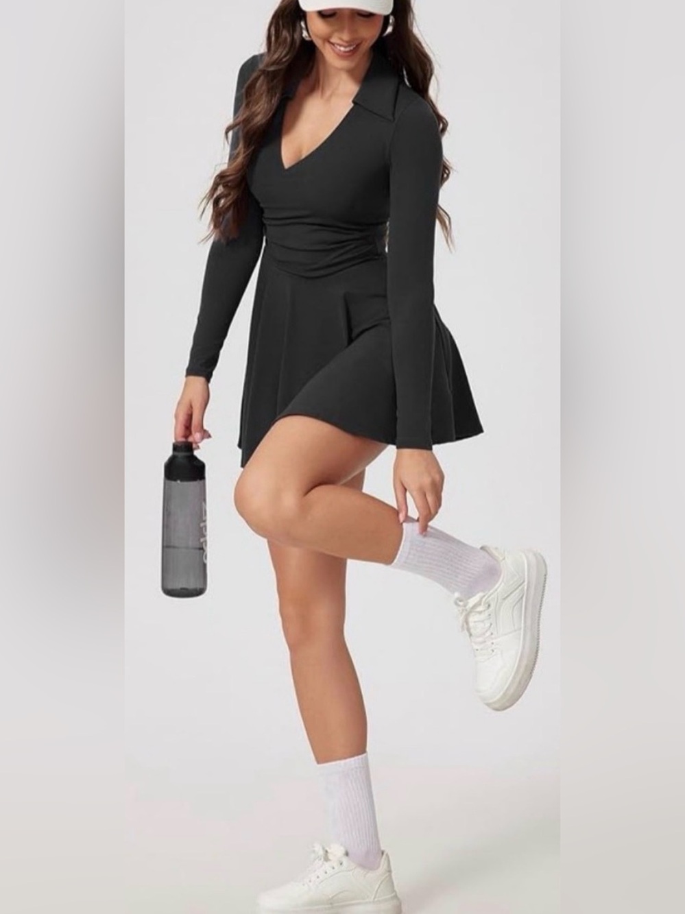 Black Long-Sleeve V-Neck Fit & Flare Tennis Dress